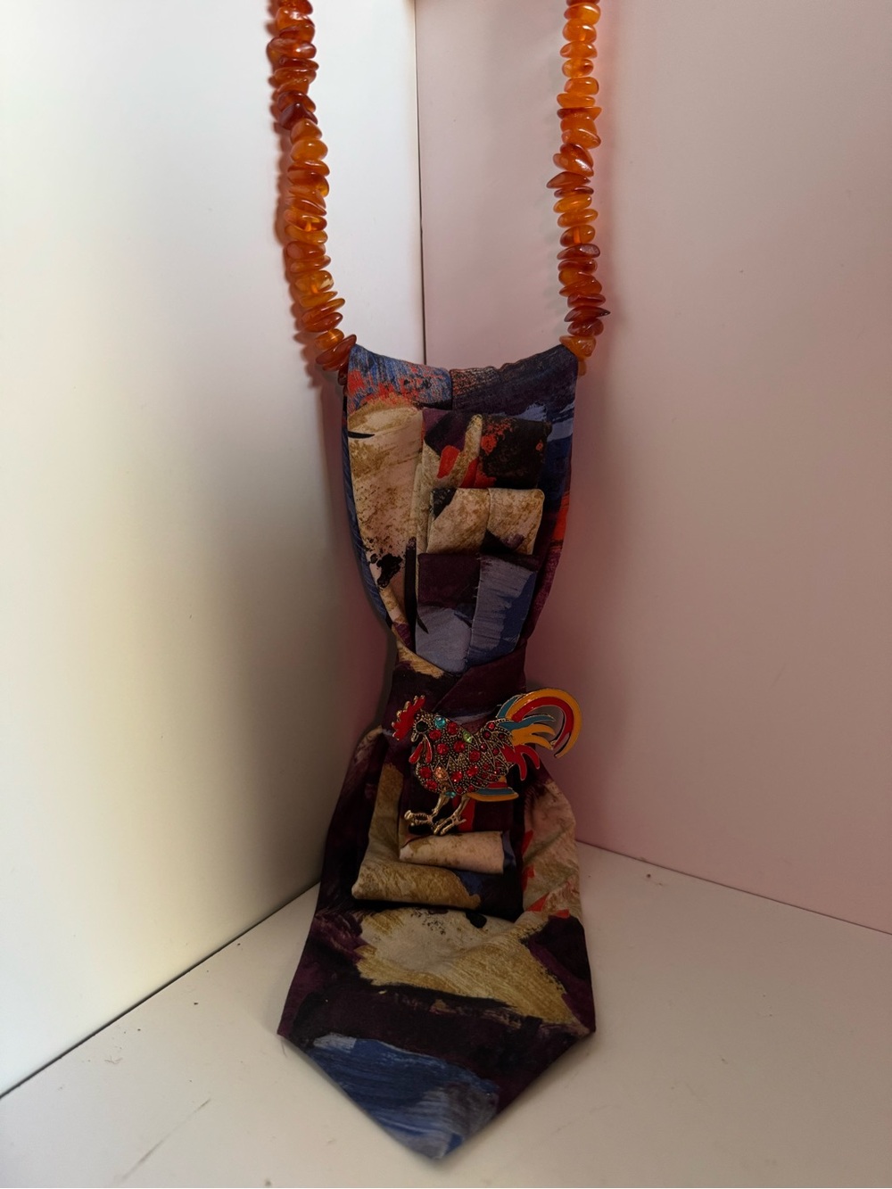 Handmade  Silk Tie Amber Necklace 16in with Rooster Pin